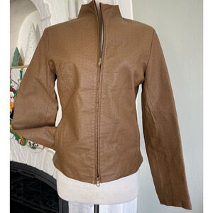 Vtg EXPRESS World Brand Leather Jacket Ostrich Print Brown 9/10